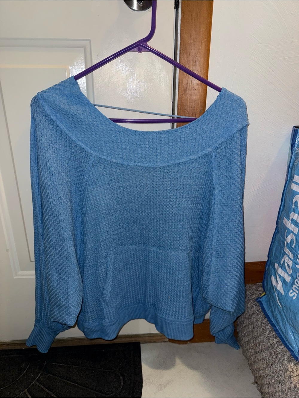 Free People Dusty Blue Off-the-Shoulder Waffle Knit Sweater